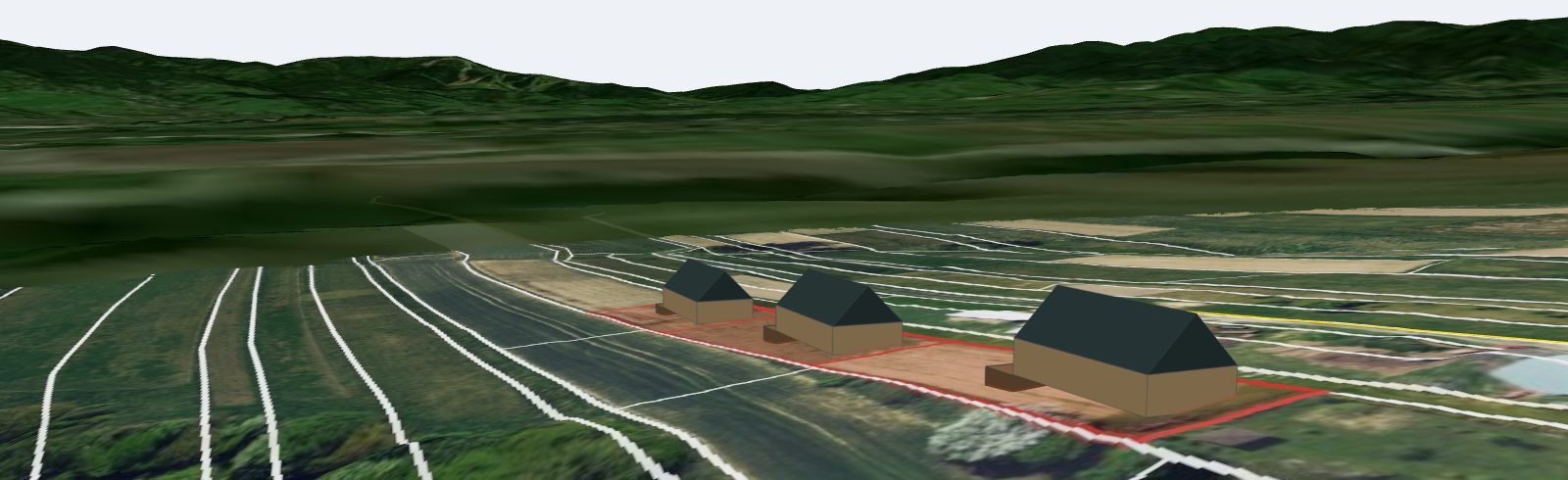 Model 3D: trzy domy na stoku z widokiem na góry