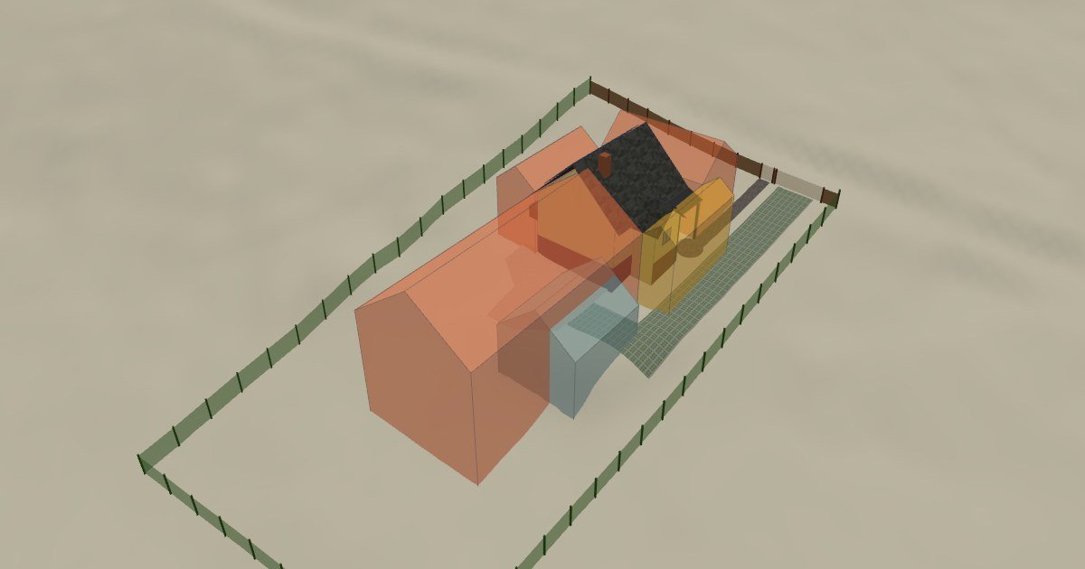 Model 3D: poglądowe kierunki rozbudowy domu i budynek gospodarczy