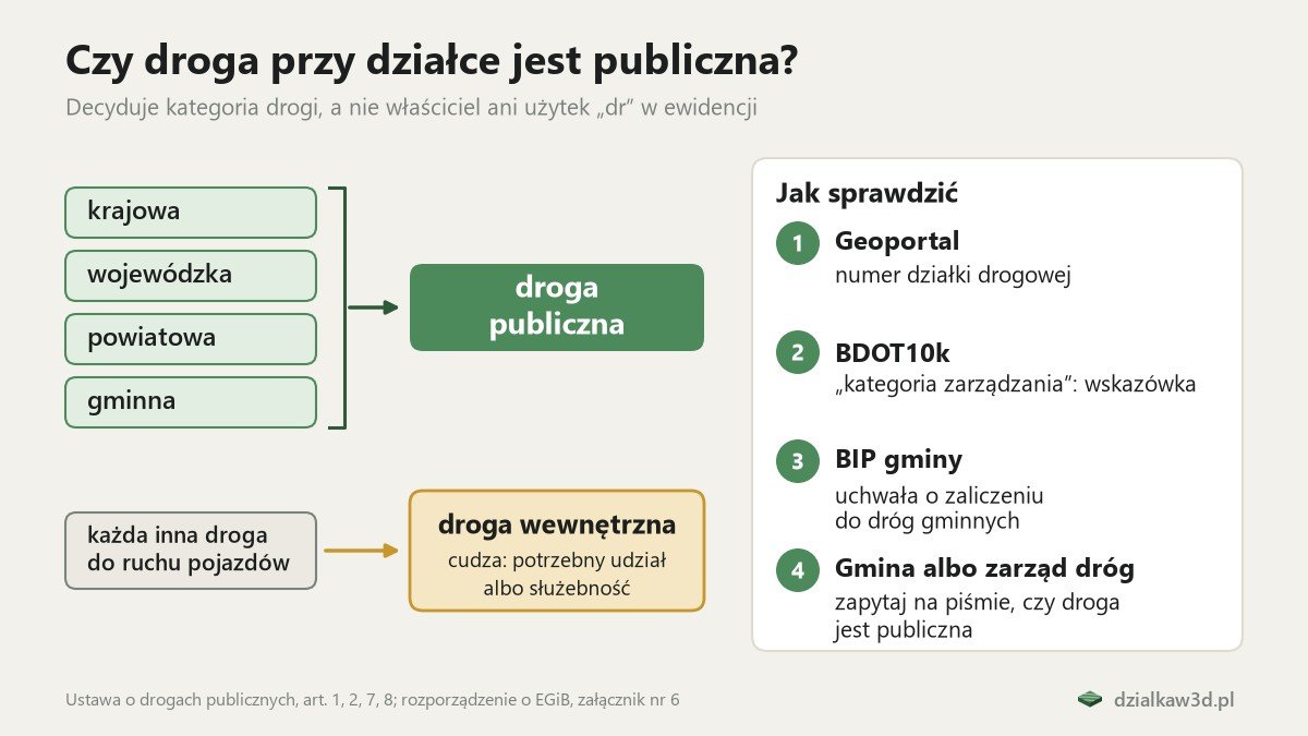 Schemat: drogi krajowe, wojewódzkie, powiatowe i gminne są publiczne, każda inna jest wewnętrzna; obok cztery kroki sprawdzenia: Geoportal, BDOT10k, BIP gminy, gmina albo zarząd dróg