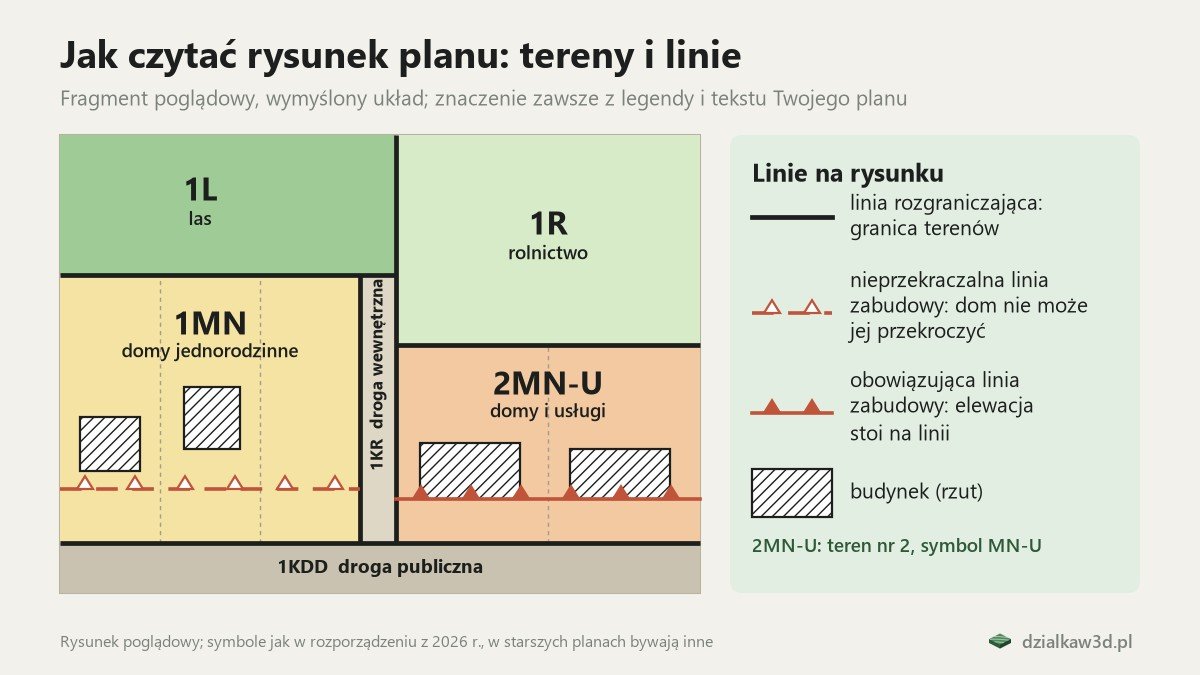 Poglądowy rysunek planu miejscowego: tereny 1MN, 2MN-U, 1R i 1L, drogi 1KDD i 1KR, linie rozgraniczające, nieprzekraczalna i obowiązująca linia zabudowy