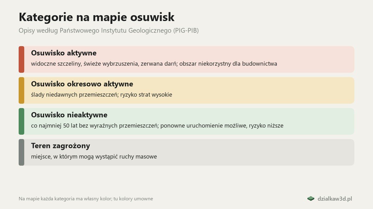 Cztery kategorie: osuwisko aktywne, okresowo aktywne, nieaktywne i teren zagrożony