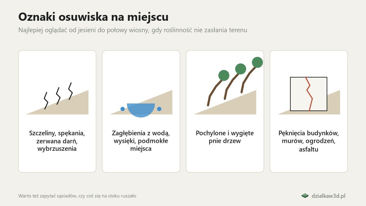 Oznaki osuwiska: spękania, woda w zagłębieniach, pochylone drzewa, pęknięte mury