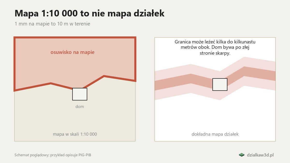 Porównanie granicy osuwiska na mapie 1:10 000 i na dokładnej mapie działek