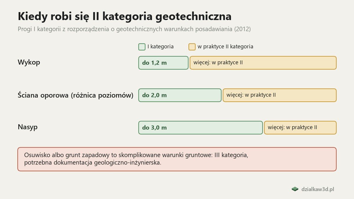 Progi I kategorii geotechnicznej: wykop 1,2 m, ściana oporowa 2,0 m, nasyp 3,0 m