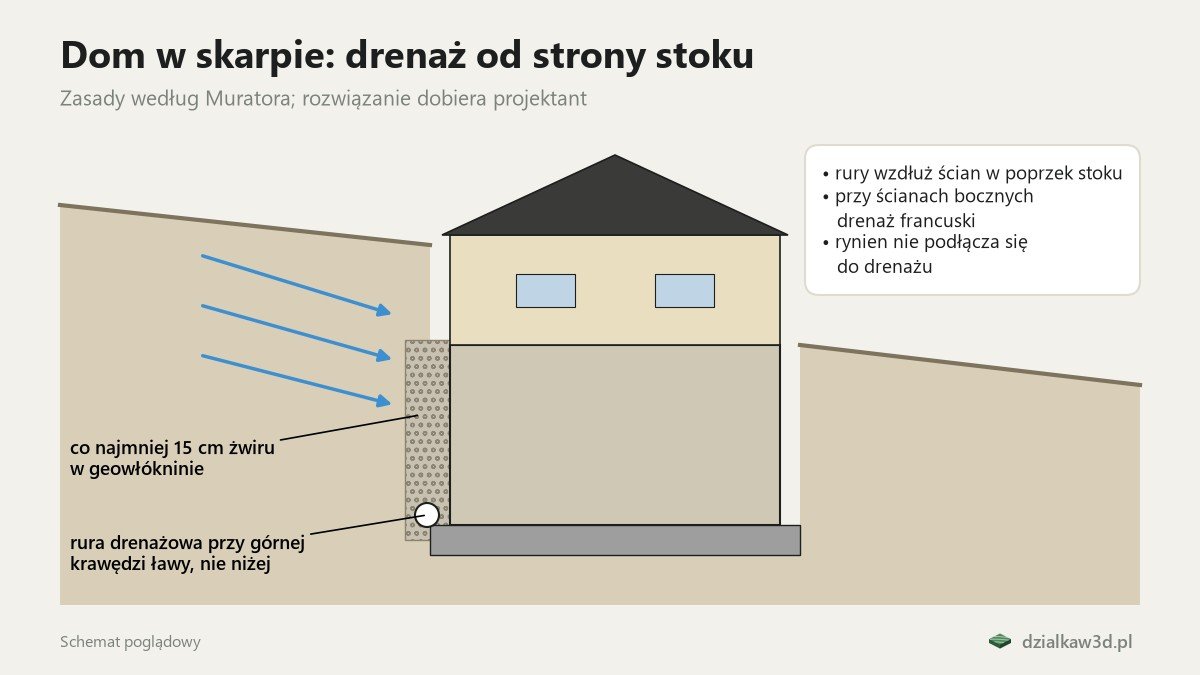 Przekrój domu w skarpie z drenażem przy górnej krawędzi ławy