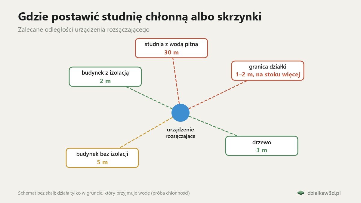 Zalecane odległości urządzenia rozsączającego od budynku, granicy, drzew i studni