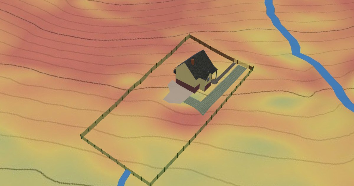 Model 3D działki na mapie nachyleń z liniami spływu wody