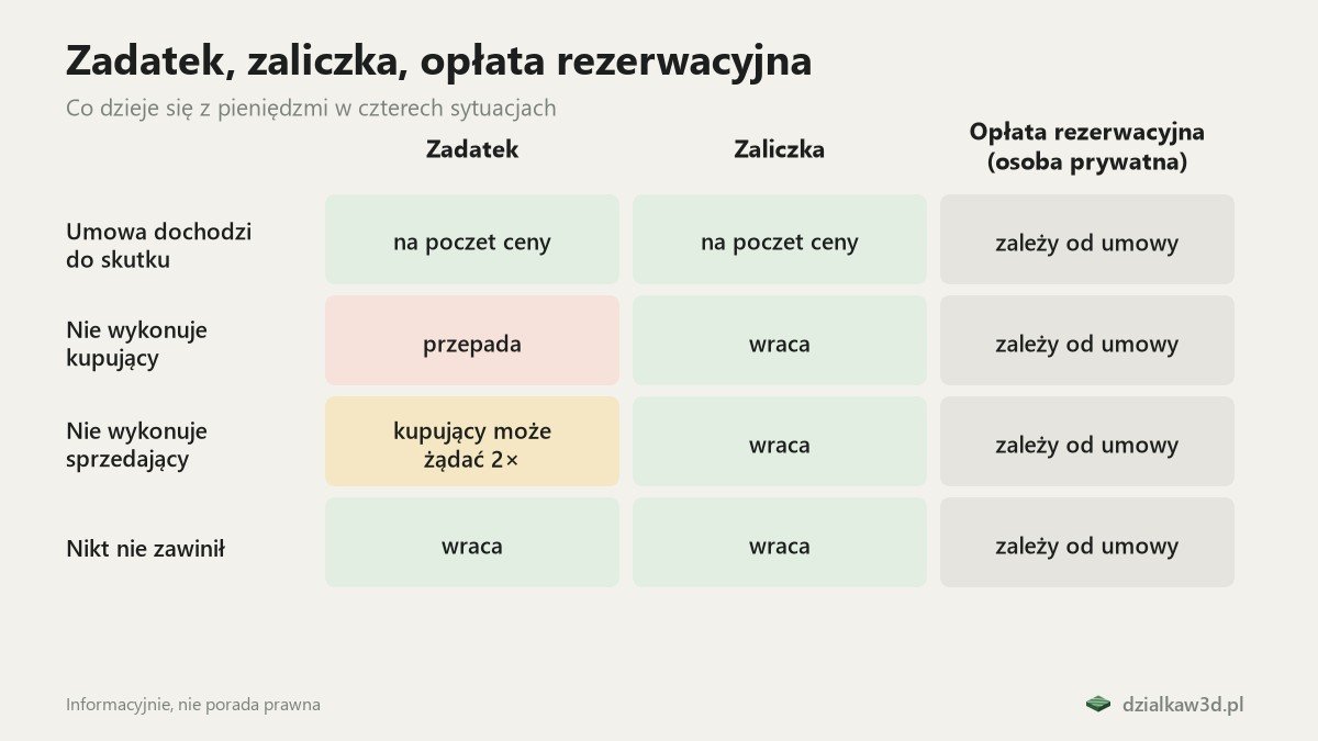 Kolorowa tabela: zadatek, zaliczka i opłata rezerwacyjna w czterech sytuacjach